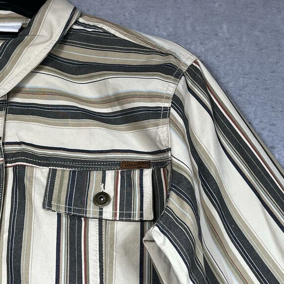Liz Claiborne Striped Jean Jacket Large Beige Tan Gray Unlined Yoke Pockets - Picture 3 of 13